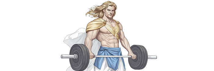 Baldr, god of the Norse mythology, holding a barbell at the gym