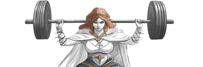 Freya, goddess from the norse mythology squatting with a barbell in the gym